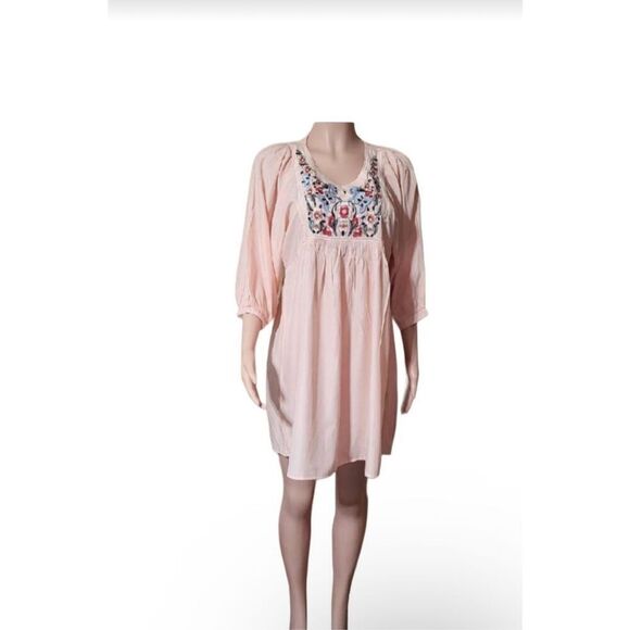 Tunic embroidered peach 3/4 sleeve peasant dress size L - Picture 1 of 6